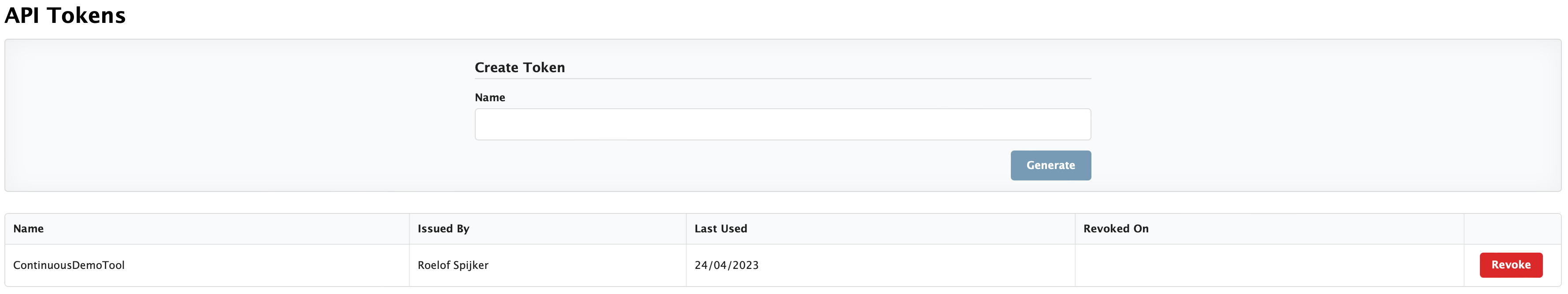 Figure Administration 21: API Token screen