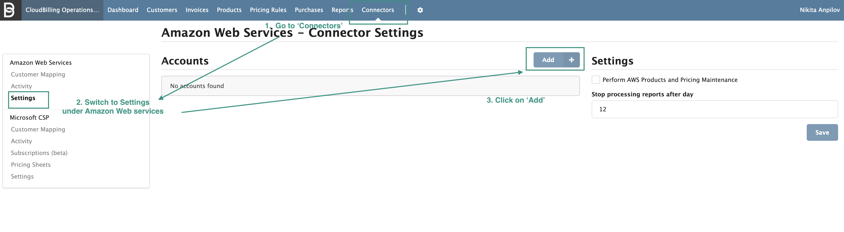 Figure AWS Connector 26: Navigating to AWS connector settings
