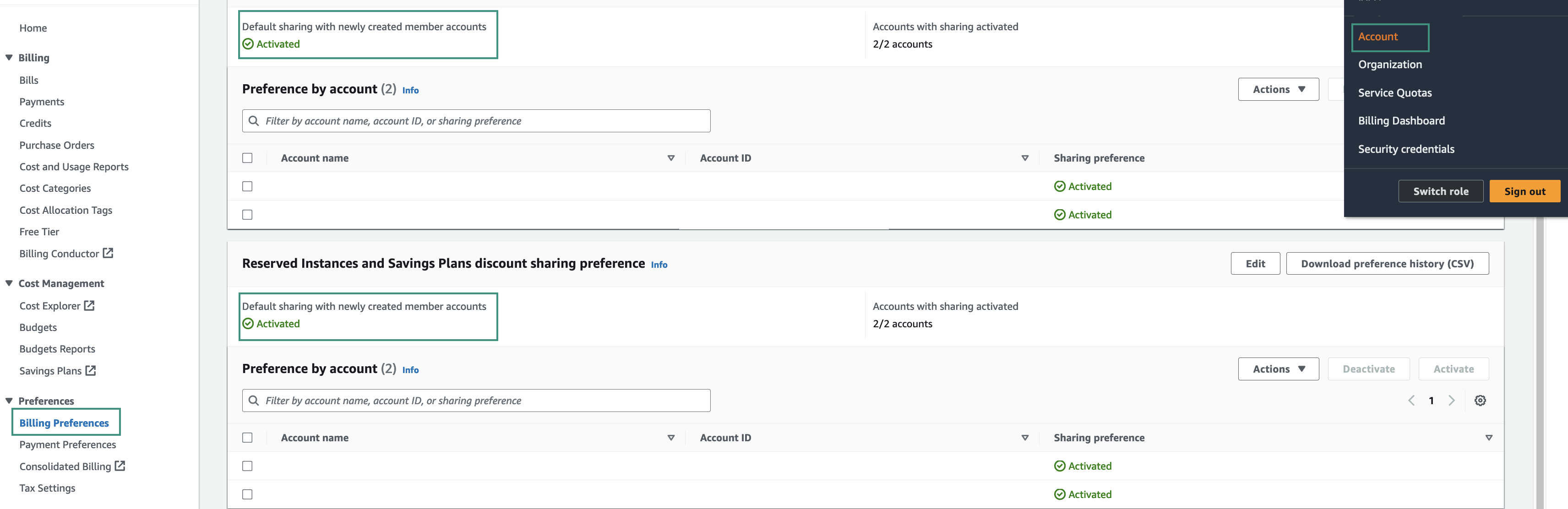 Figure AWS Connector 28: Reservation sharing settings
