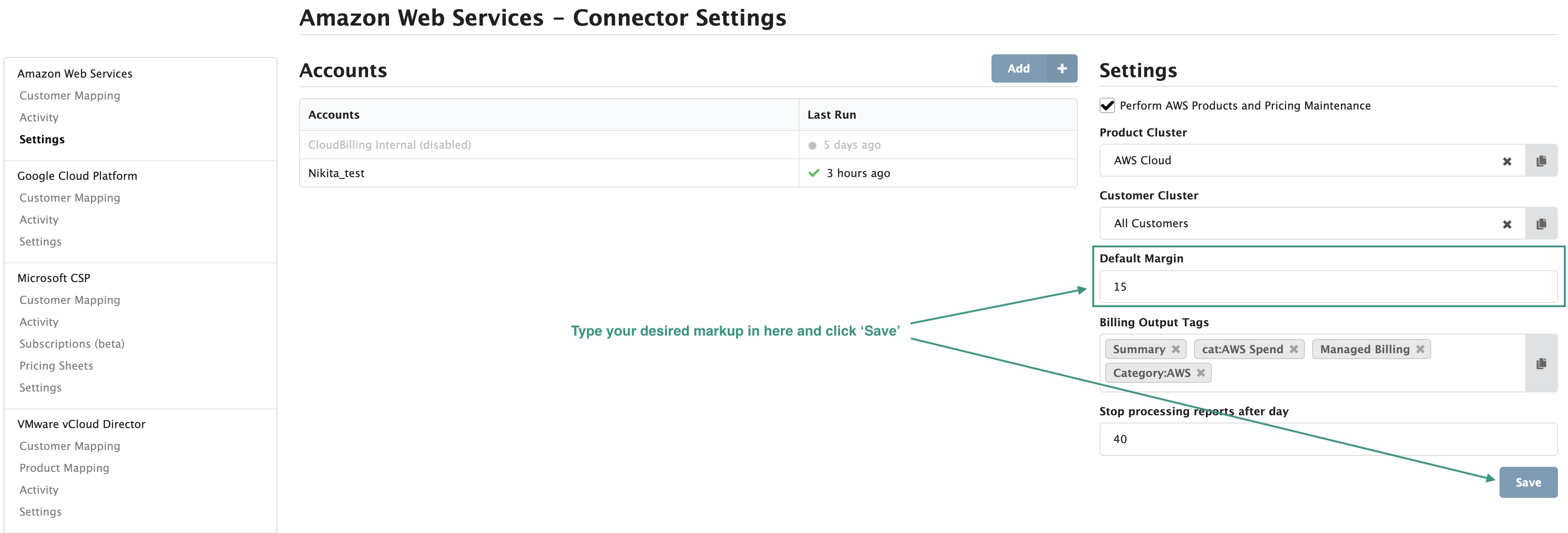 Figure AWS Connector 33: Setting up a global AWS markup