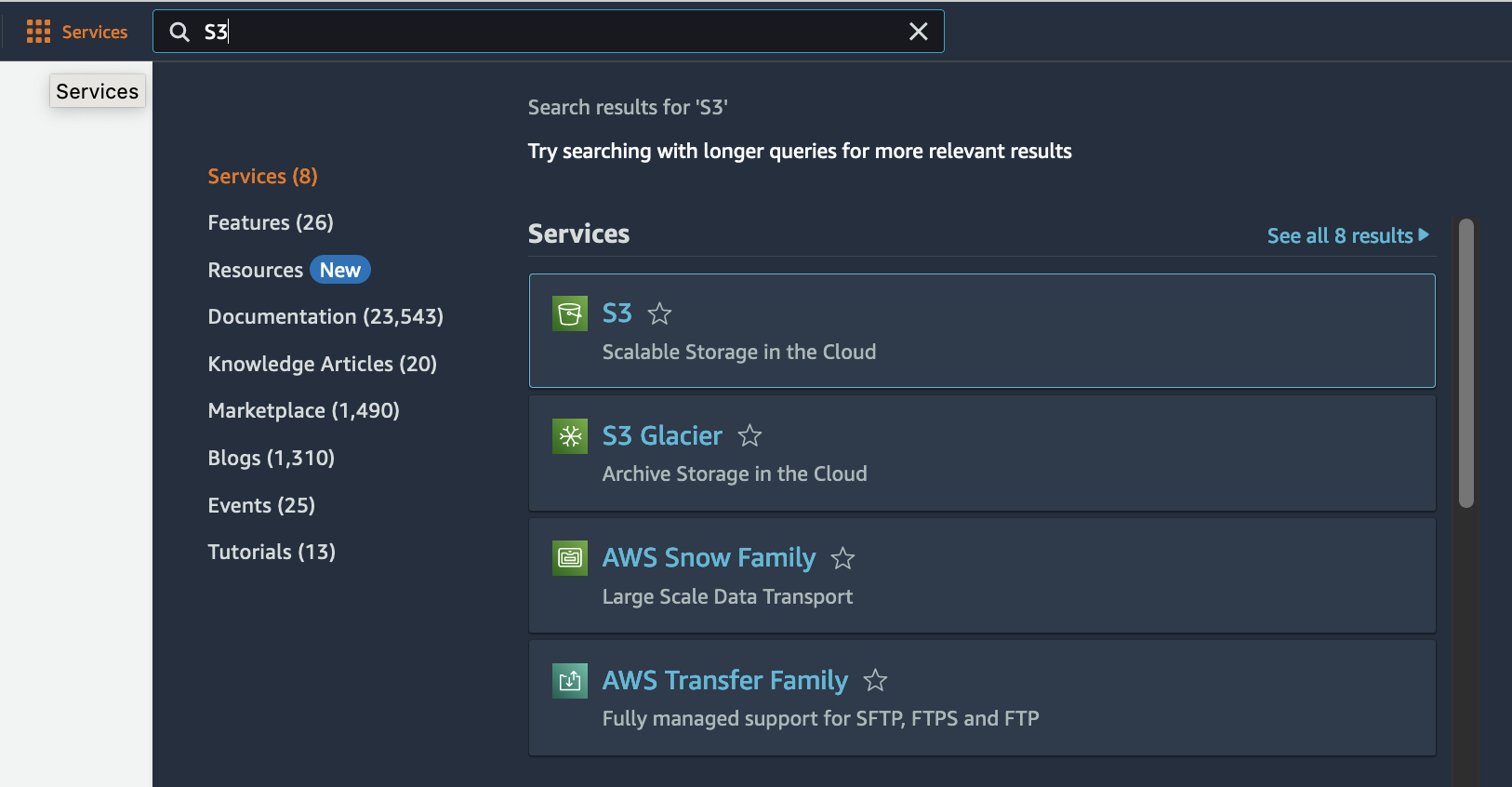 Figure AWS Connector 1: Navigation menu with S3 highlighted