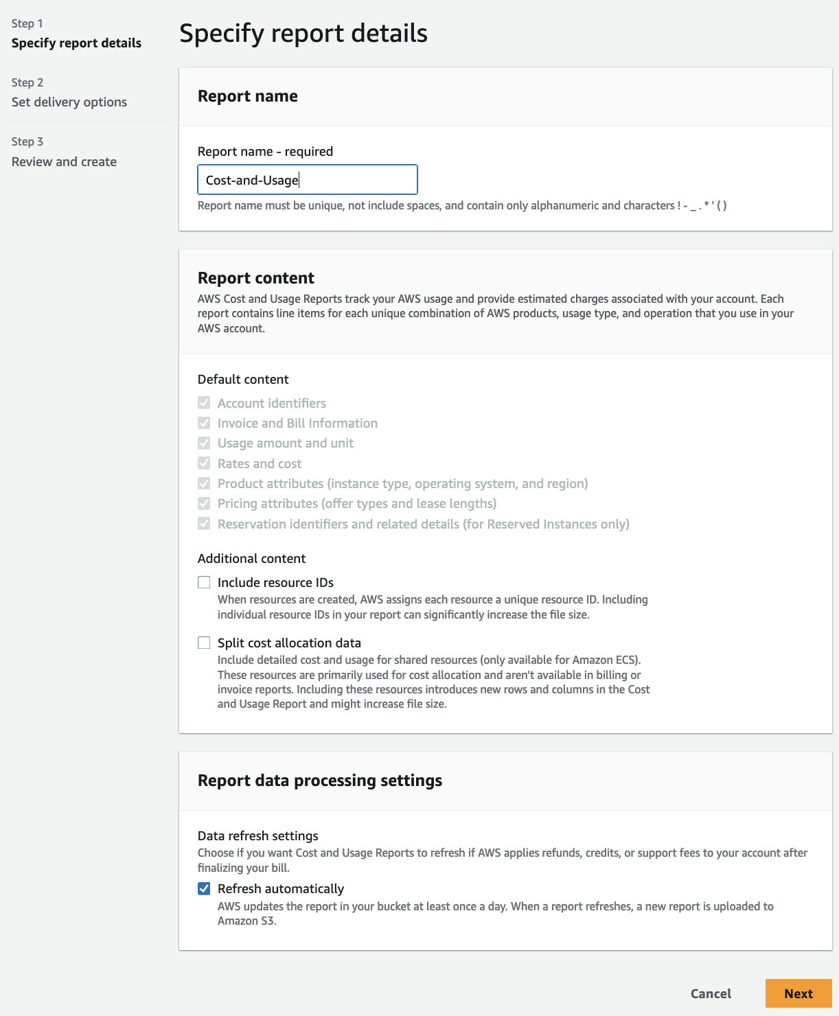 Figure AWS Connector 2: Creating Cost and Usage report step 1