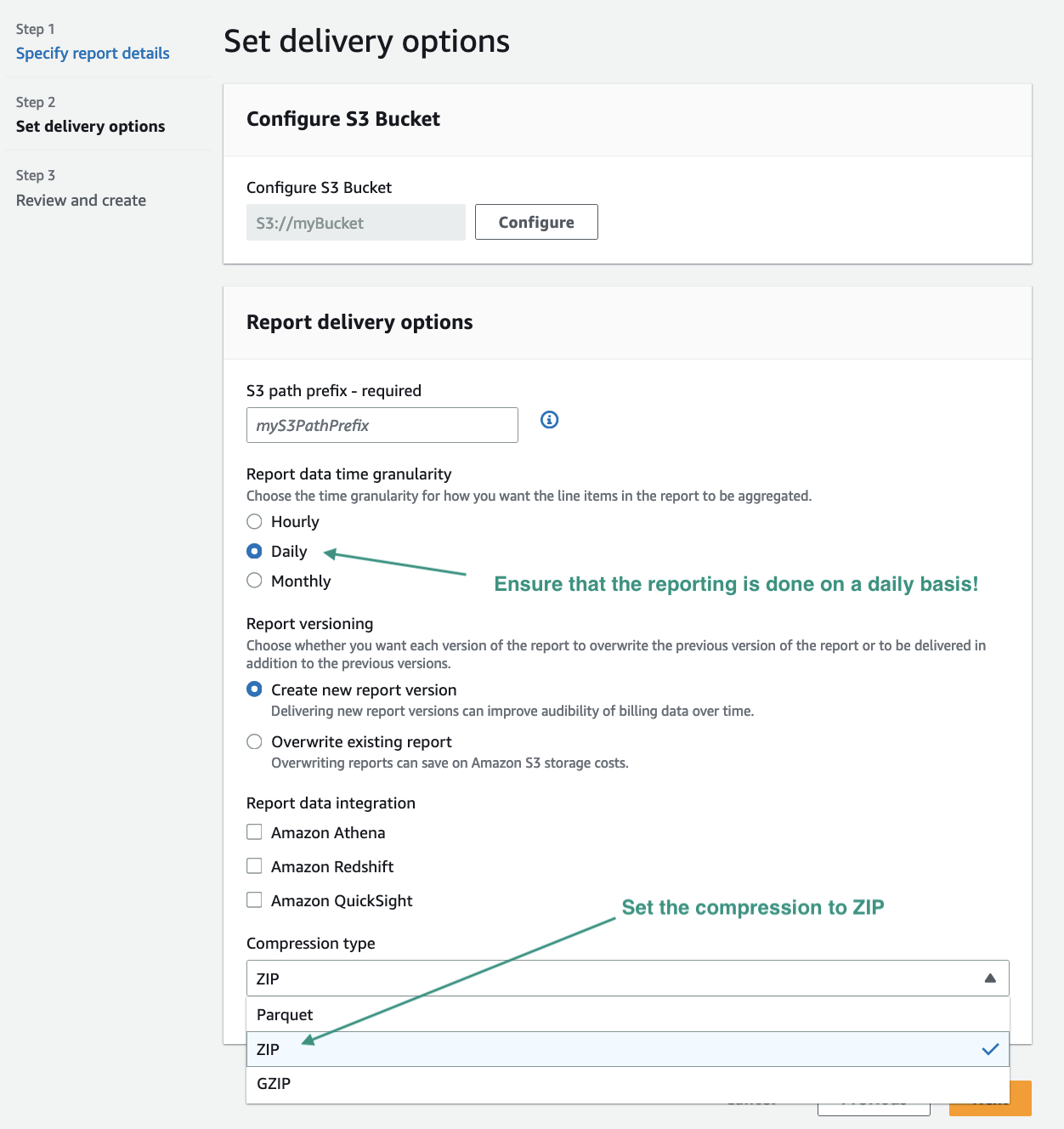 Figure AWS Connector 3: Creating Cost and Usage report step 2