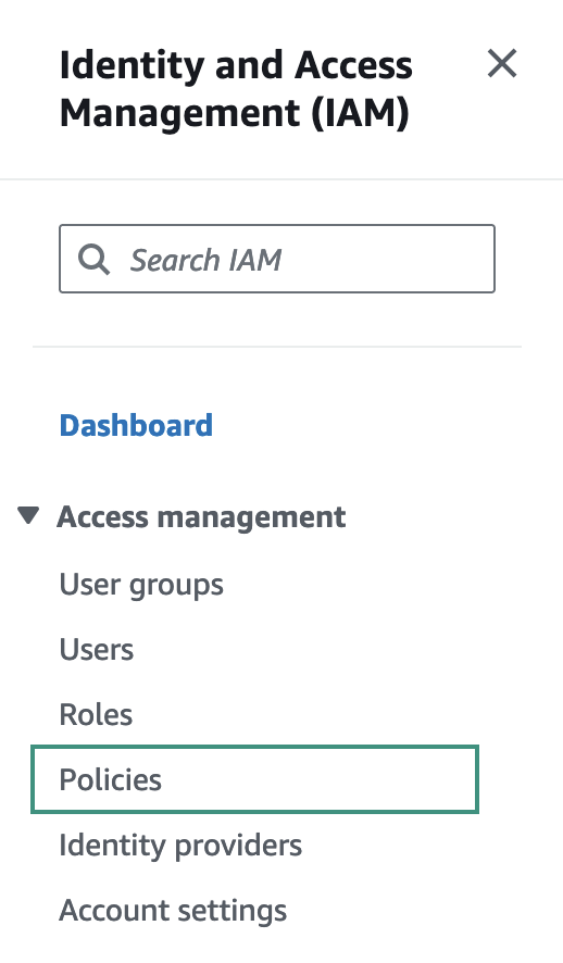 Figure AWS Connector 5: Navigating to Policies in security menu