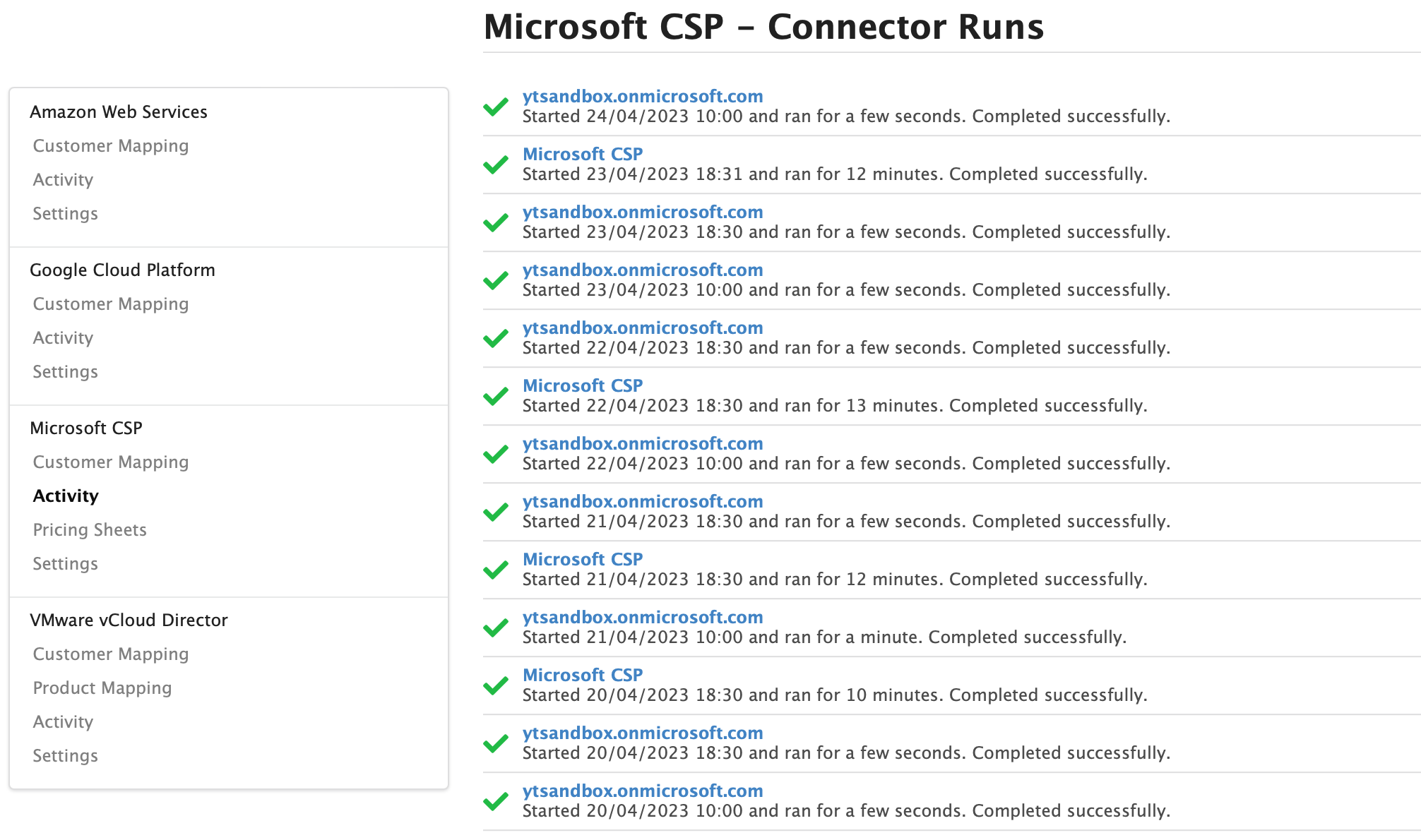 Figure Connectors 3: Connectors screen, Connector runs (Activity)