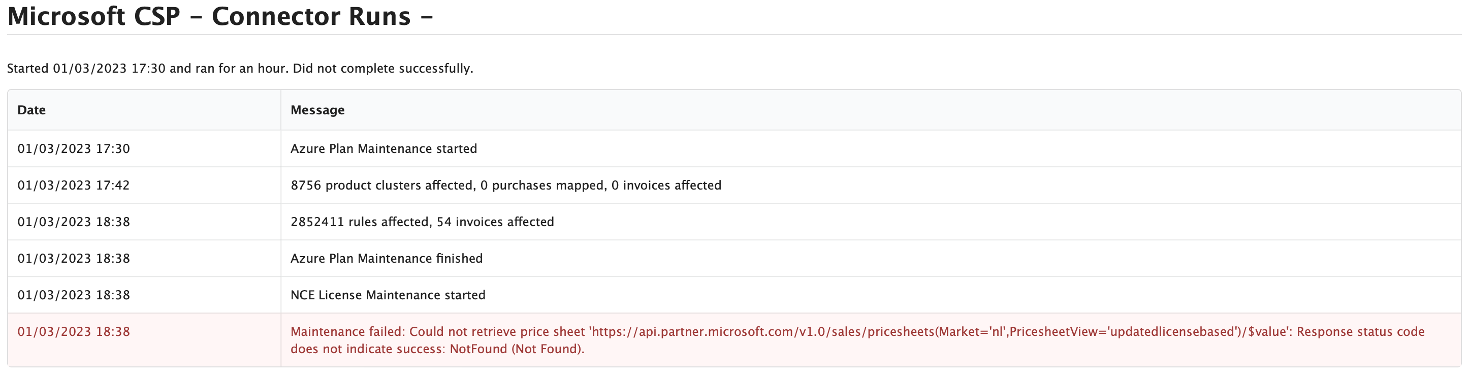 Figure Connectors 5: Connectors screen, Connector runs (Warning and Error)