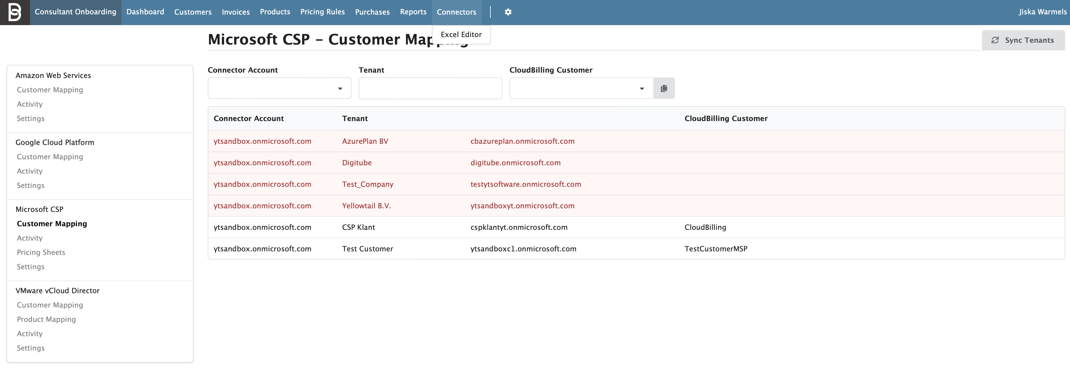 Figure Connectors 1: Connectors screen, Microsoft CSP Customer Mapping