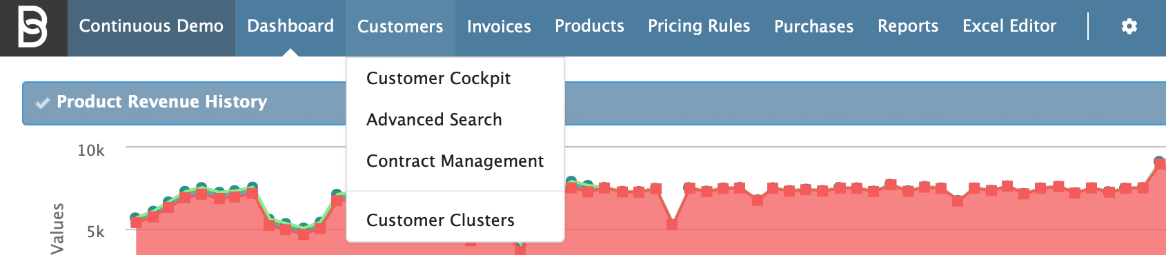 Figure Customers 1: Customers - Menu bar and drop-down menu