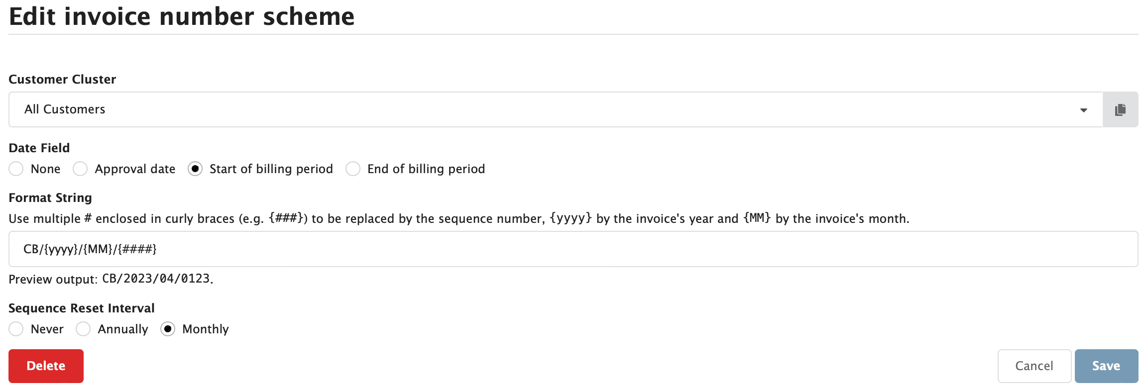 Figure Administration 9: Edit Invoice Number Scheme screen