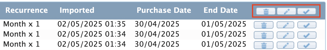 Figure Purchases 8: Edit icons for multiple purchases.