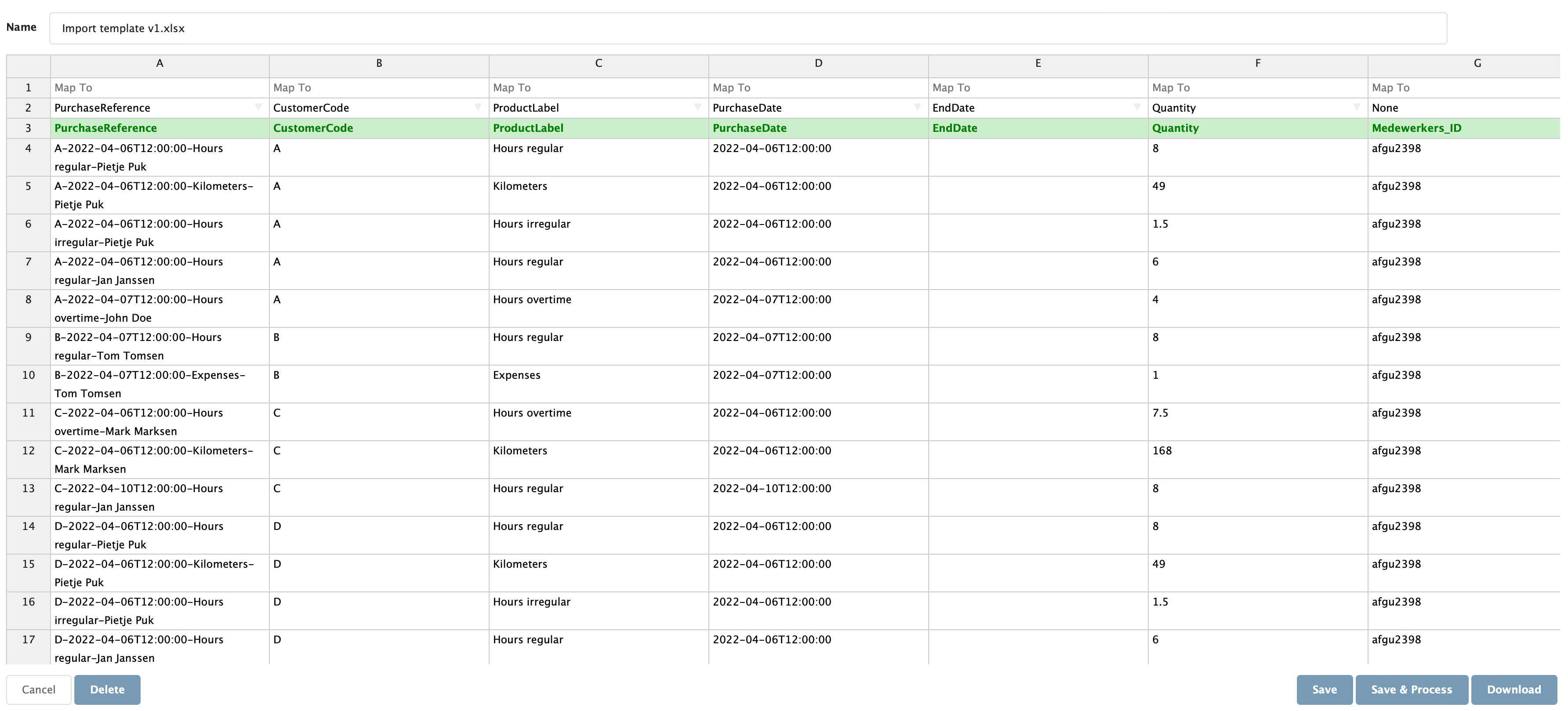 Figure Billing Run Preparation 2: Example Excel Editor mapping