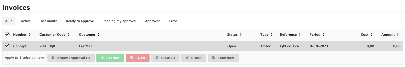 Figure Invoices 5: Buttons on the invoice table