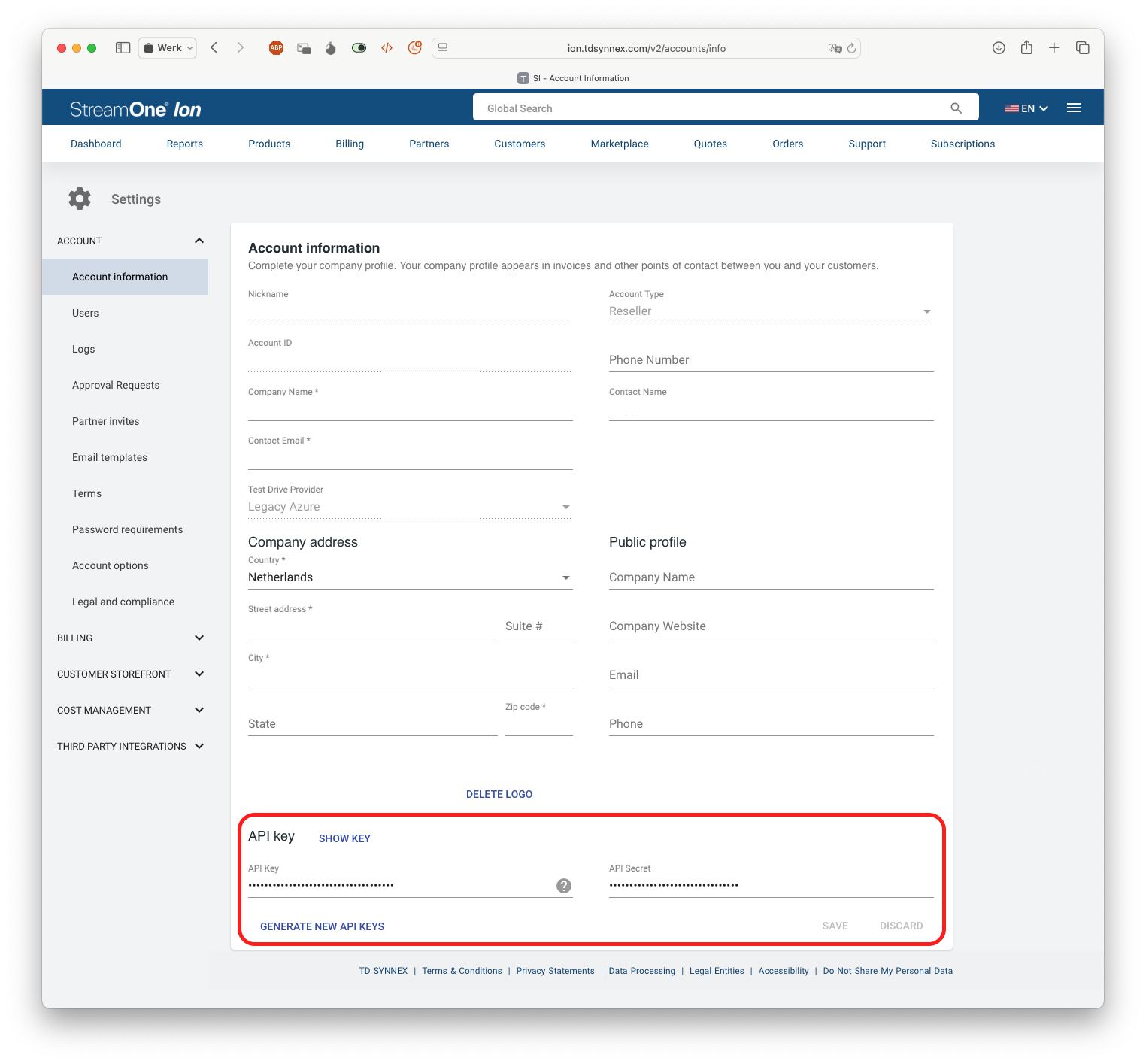 Figure TD Synnex 1: Locating your TD Synnex API Key and Secret