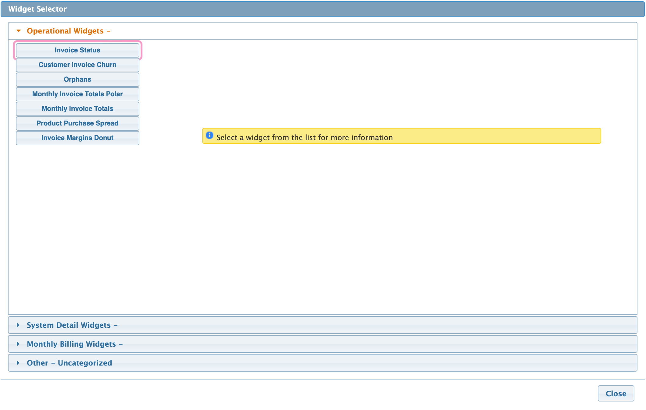 Figure Dashboard 2: Widget Selector pop-up screen